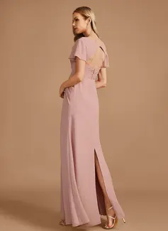 A-Line V-neck Floor-Length Chiffon Bridesmaid Dress With Ruffle 