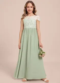 A-Linien-Kleid Rundhals Bodenlang Chiffon Spitze Kleider für junge Brautjungfern 