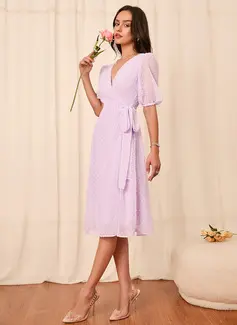 Firkantet utringning Kortermer A-line kjole Tyll Midi Motekjoler 