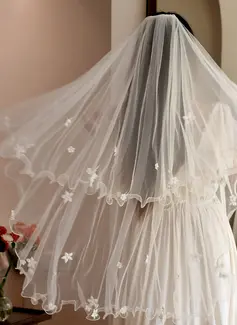 Pearl Floral Scalloped Edge Two Tier Bridal Fingertip Length 39" Wedding Veils With Blusher 