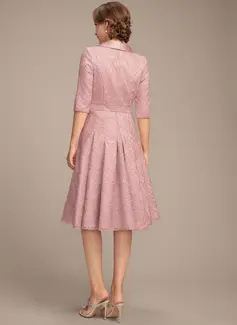 A-line Square Knee-Length Satin Lace Mother of the Bride Dress With Pleated Sequins 