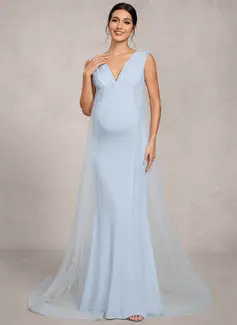 Sheath/Column V-Neck Sweep Train Tulle Jersey Maternity Dresses With Pleated 
