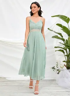 V-hals Ermeløs Sexy A-line kjole Chiffong Midi Ankel-lengde Motekjoler 