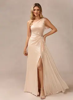 Sheath/Column One Shoulder Floor-Length Sequin Evening Dress With Crystal Brooch 