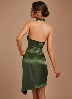 Høyhalser Ermeløs Sexy A-line kjole Satin Mini Motekjoler 