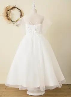 Prinzessin Rundhals Knöchellang Spitze Satin Tüll Blumenmädchenkleid 