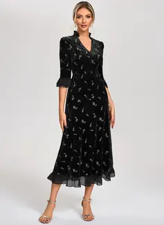 A-line V-Neck Tea-Length Velvet Cocktail Dress With Embroidered 