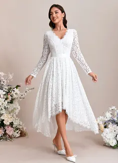 A-line V-Neck Ankle-Length Asymmetrical Lace Wedding Dress With Ruched 