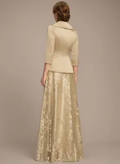 A-line Separates V-Neck Collared Floor-Length Stretch Satin Lace Mother of the Bride Dress With Bow Pleated 