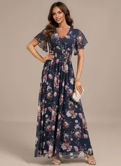 A-line V-Neck Floor-Length Chiffon Evening Dress With Smocked Floral Print 
