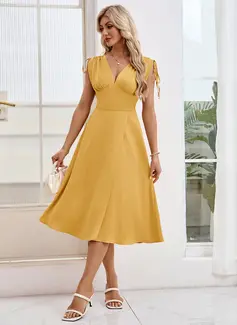 Ruched V-Neck Sleeveless A-line Satin Midi Dress 