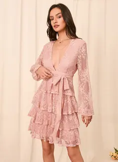 V-hals Lange ermer Elegant A-line kjole Blonder Mini Motekjoler 