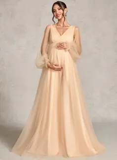 A-line V-Neck Sweep Train Tulle Maternity Dresses With Pleated 