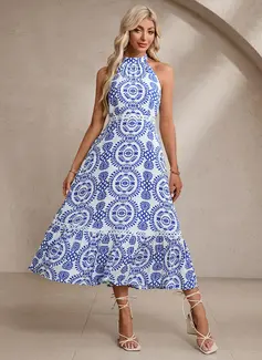 Floral Print Halter Sleeveless A-line Rayon Midi Dress 