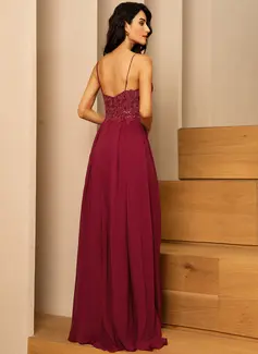 A-Linien-Kleid V-Ausschnitt Bodenlang Spitze Chiffon Ballkleid mit Pailletten 