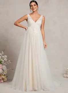 A-line V-Neck Court Train Tulle Lace Maternity Dresses 