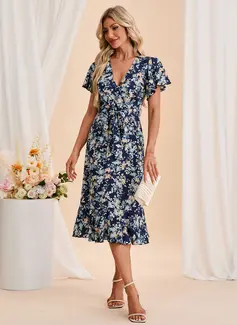 Ruffle Floral Print V-Neck Short Sleeve Sheath/Column Printed Fabric Midi Dress 