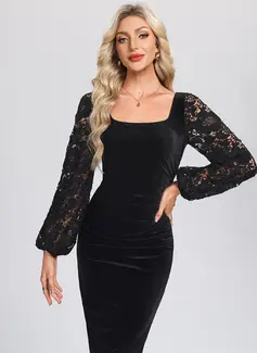 Square Long Sleeve Sheath/Column Lace Velvet Midi Dress 