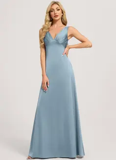 A-line V-Neck Floor-Length Matte Satin Bridesmaid Dress With Ruched 