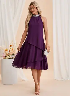 Cascading Ruffles Sequins High Neck Sleeveless A-line Chiffon Midi Dress 