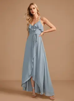 A-formet V-hals Asymmetrisk Chiffong Brudepikekjole med Frynse 