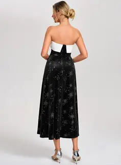 Black and White Straight Strapless A-line Velvet Midi Dress 