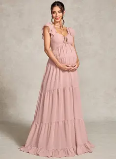 A-line V-Neck Floor-Length Chiffon Maternity Dresses With Ruffle Bow 