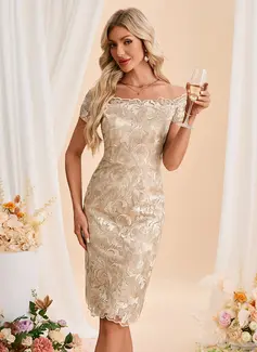 Embroidered Off the Shoulder Short Sleeve Sheath/Column Tulle Midi Dress 