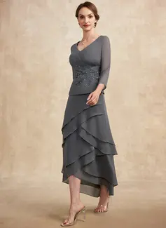 A-formet V-hals Asymmetrisk Chiffong Blonder Kjole til brudens mor med Frynse Profilering paljetter 