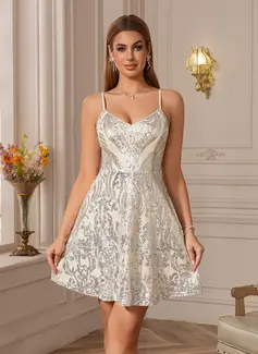 A-line V-Neck Short Sequin Homecoming Dress With Sequins 