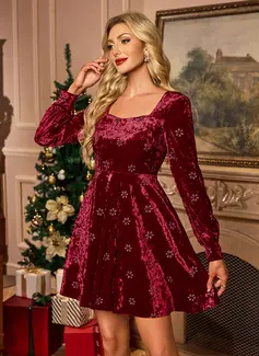 Embroidered Square Long Sleeve A-line Velvet Mini Dress 