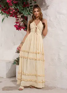 Flæsekanter Halter neck Kjole med A-linje Crepe Maxi Kjole 