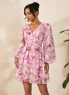 Floral Print Jacquard V-Neck Long Sleeve A-line Chiffon Mini Dress 