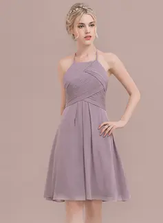 A-formet Scoop Hals Knelengde Chiffong Brudepikekjole med Frynse 