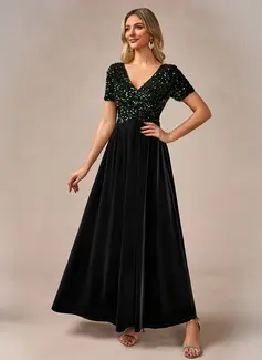V-Neck Short Sleeve A-line Velvet Sequin Maxi Dress 