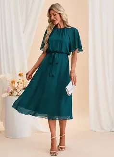 Scoop Short Sleeve A-line Chiffon Midi Dress 