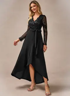 Sequins V-Neck Long Sleeve A-line Stretch Crepe Sequin Asymmetrical Maxi Dress 