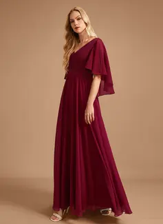 A-Line V-neck Floor-Length Chiffon Bridesmaid Dress With Ruffle 