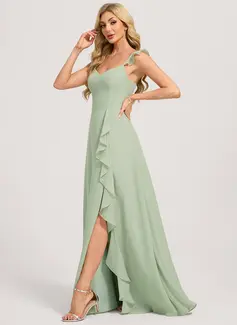 A-line V-Neck Floor-Length Chiffon Bridesmaid Dress With Ruffle 