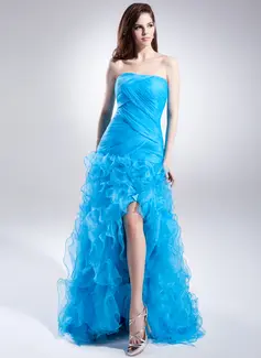 A-Line/Princess Strapless Sweep Train Organza Prom Dresses With Split Front Cascading Ruffles 