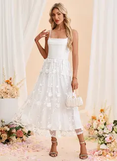 A-line Cowl Tea-Length Tulle Wedding Dress With Embroidered 