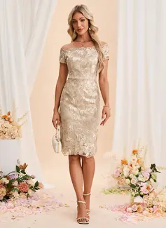 Embroidered Off the Shoulder Short Sleeve Sheath/Column Tulle Midi Dress 