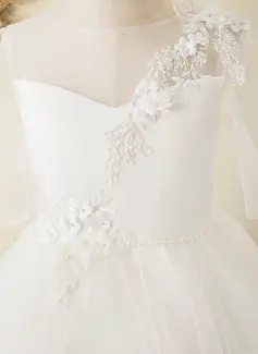 Prinzessin Rundhals Knöchellang Spitze Satin Tüll Blumenmädchenkleid 