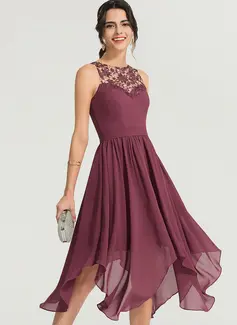 A-line Scoop Asymmetrical Chiffon Lace Cocktail Dress 