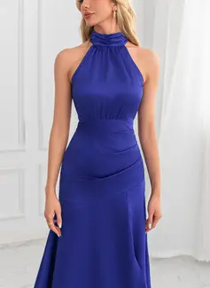 Høj hals Trompet/Havfrue Satin Asymmetrisk Midi Kjole 