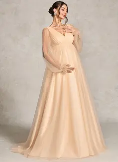 A-line V-Neck Sweep Train Tulle Maternity Dresses With Pleated 