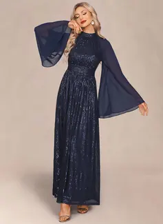 A-line High Neck Floor-Length Chiffon Sequin Evening Dress 