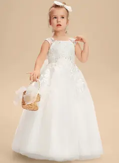 A-line kjole Scoop Gulvlengde Tyll Brudepikekjole barn med Cape paljetter 