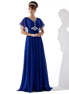 V-Neck A-Line Floor Length Chiffon Ruffle Dresses Ivory