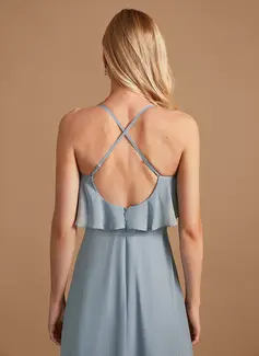 A-formet V-hals Asymmetrisk Chiffong Brudepikekjole med Frynse 